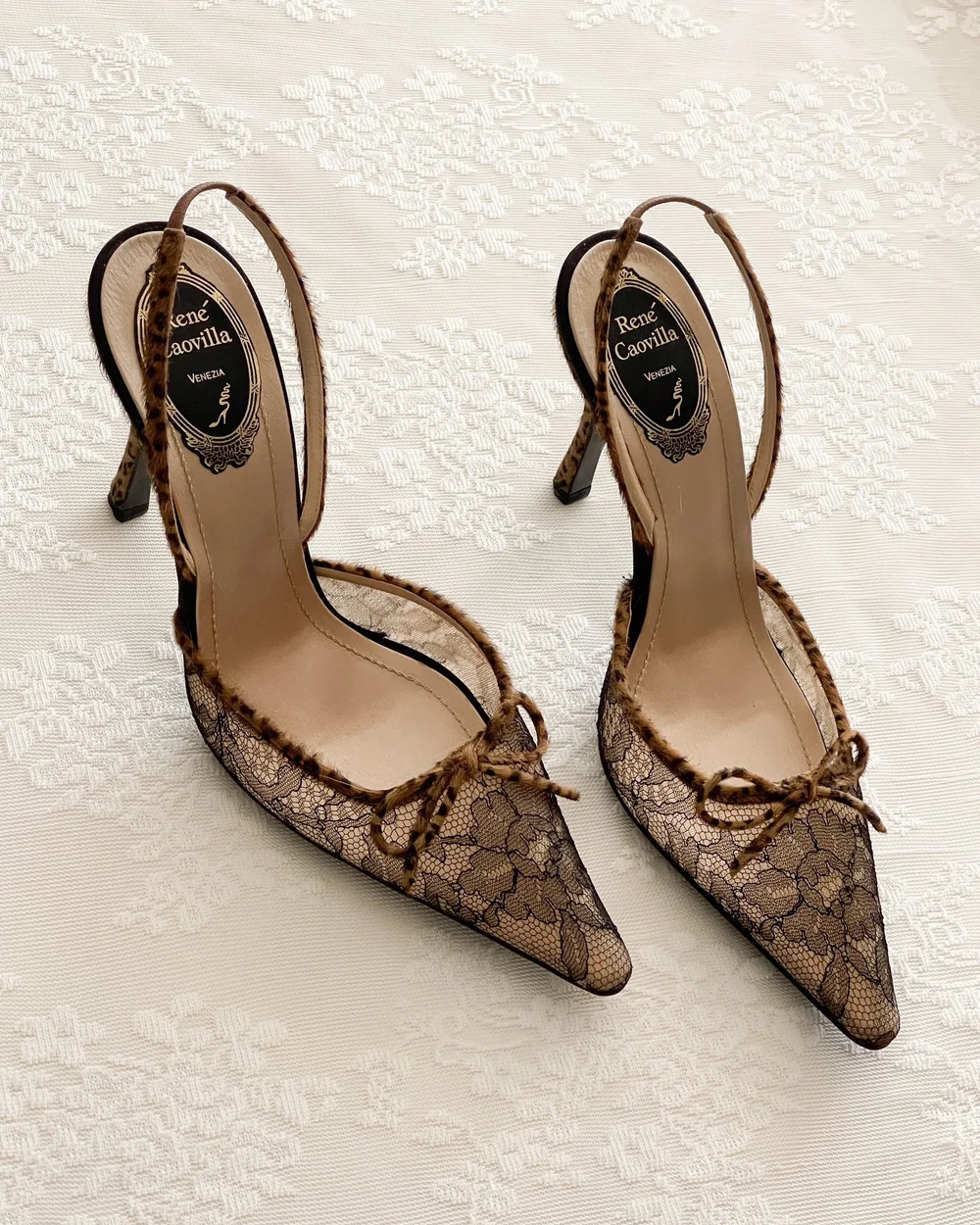 René Caovilla Luxurious Italian Lace Leopard Bow Slingback